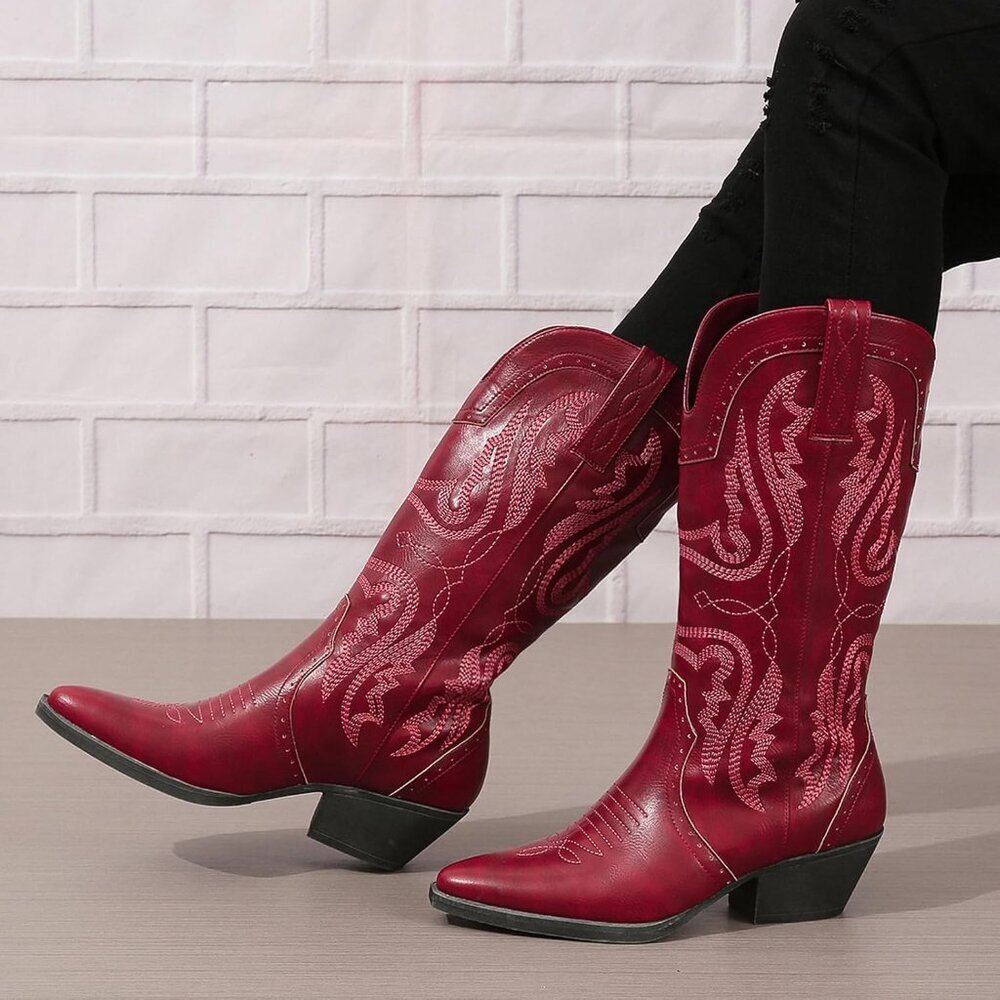 Selroys Cowboy Boots Women Red Leather Mid Calf Western Embroidered Chunky Boots — image 2 of 5